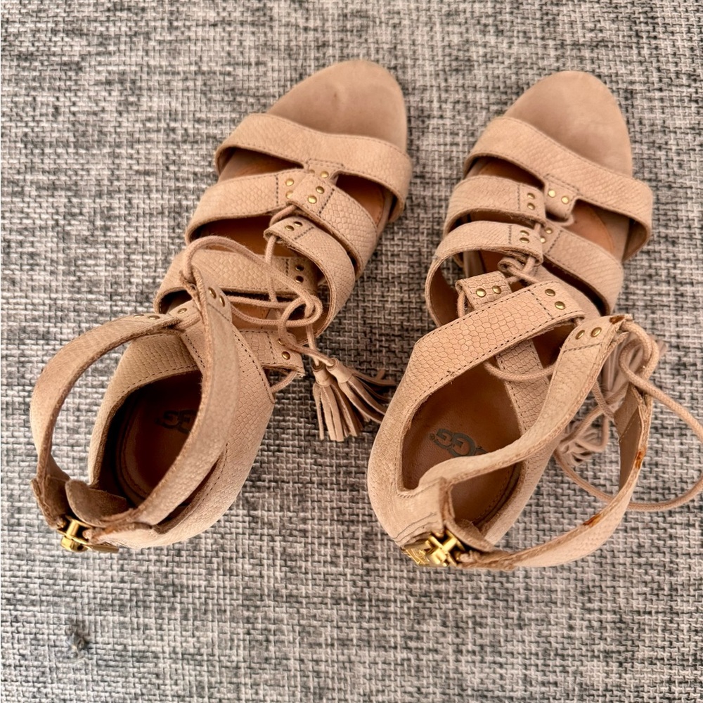 UGG tan wedge sandals with tassel ties - in like new condition! - Picture 5 of 6